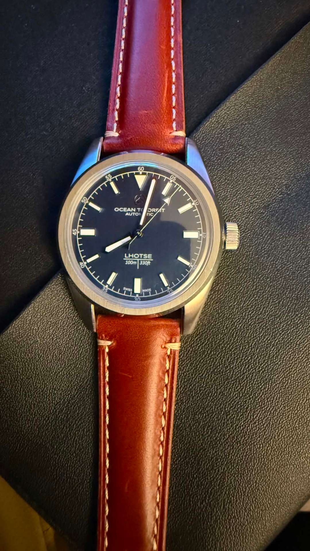 Customer chestnut leather DVIL strap on Ocean Lhotse automatic