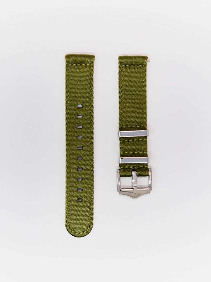 Military Style Hand Stitched Two Piece Straps — Khaki Green Watch Strap – handmade fabric watch strap in khaki green